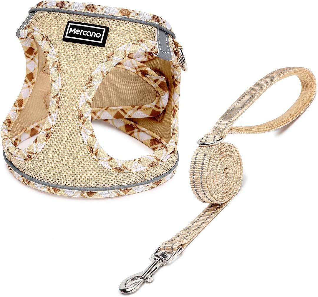 Mercano Soft Mesh Dog Harness and Leash Set, No-Chock Step-in Reflective Breathable Lightweight Easy Walk Vest Harnesses with Safety Buckle for Small Dogs, Cats (Beige, L) (L (Chest: 17"-19"))