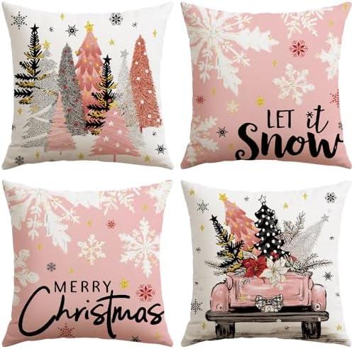 Artscope Christmas Throw Pillow Covers 18x18 Inch Set of 4, Let It Snow Snowflakes Truck Winter Christmas Decoration Pillow Cases for Home Sofa Couch Decor-Pink