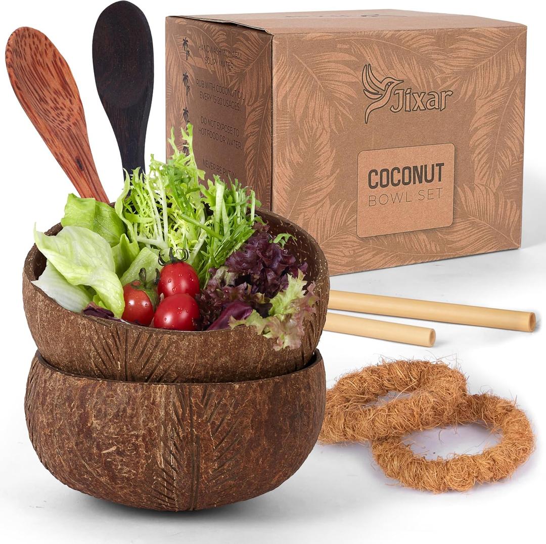Coconut Bowl Set with Wooden Spoons  Eco-Friendly, Natural Coconut Bowls for Smoothie, Acai, Fruit, and Salad  Perfect Decorative and Serving Bowls