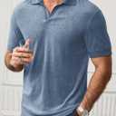 Mens Terry Polo Shirts Johnny Collar Casual Summer Short Sleeve Buttonless Shirt (Blue, M)