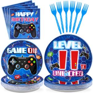 Grencian 96Pcs 11th Birthday Decorations for Boys Blue Video Game 11th Birthday Plates Disposable Paper Tableware Set for Kids Boys Girls 11 Year Old Video Game Theme Party Supplies, Serves 24