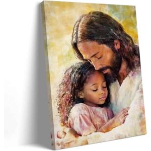 ZSHARTSWD Christian Wall Art Jesus Holding Black Little Girl Canvas Prints Religious Bible Story Pictures God Painting for Baby Girl Room Home Decor Framed (Yellow, 24L x 16W)