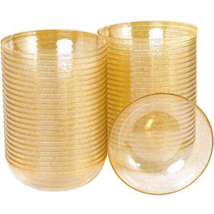bUCLA 50Pack Gold Glitter Plastic Bowls - 10oz Disposable Crystal Salsa/Dessert Bowls for Wedding & Party