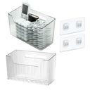 Set Of 2 Storage Organizer Bins Wall Mounted Shower Basket, Shower Caddy Stackable Clear Plastic Makeup Organizer Adhesive Hanging Bin for Bathroom, Kitchen, Cabinet, Pantry, BPA Free, Clear