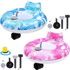 2 Sets Motorized Pool Float for Adults, Electric Inflatable Pool Lounger Float Driving Tube Floating with Pusher Handles Cup Holder for Summer Water Beach(Leaves, Blue Pink) 