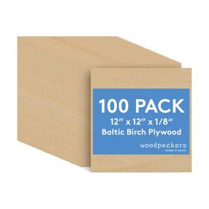 3 mm Baltic Birch Plywood 1/8 x 12 x 12 Inch, Box of 100 B/BB Grade Craft Wood, Stronger Than Basswood Sheets, for Laser, CNC Cutting and Wood Burning, by Woodpeckers