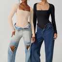 QINSEN Women's Sexy Square Neck Bodysuit Long Sleeve Double Lined Shirt Tops S