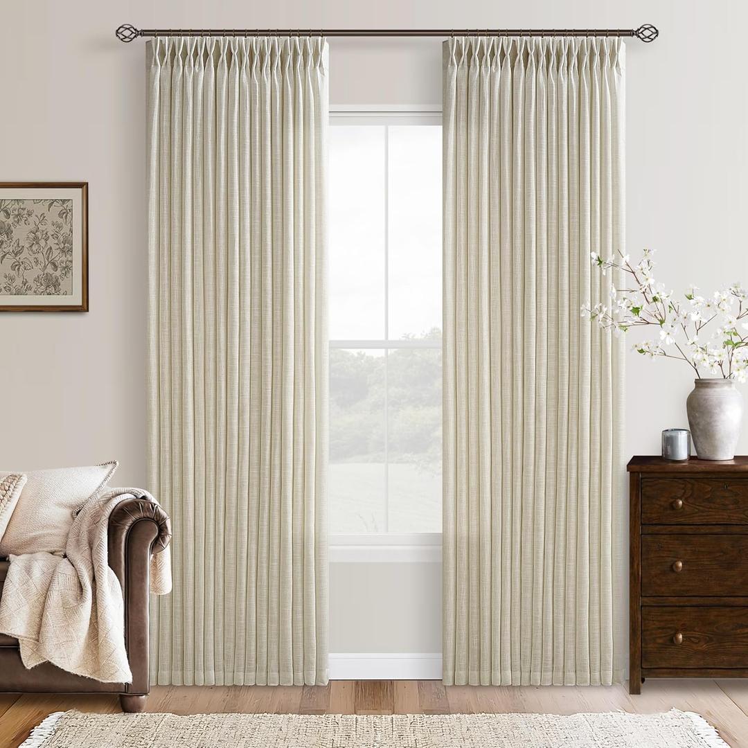 Tan Beige Memory Trained Curtains 105 Inches Long for Living Room 2 Panels Set Rustic Farmhouse Thick Linen Textured Rings Hooks Back Tab Pinch Pleated 100 Inch Curtain Drapes for Dining Bedroom