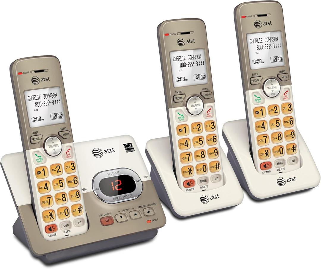 AT&T EL52313 3-Handset Cordless Phone with Answering System & Extra-large Backlit Keys, Light champagne, 3 Handsets