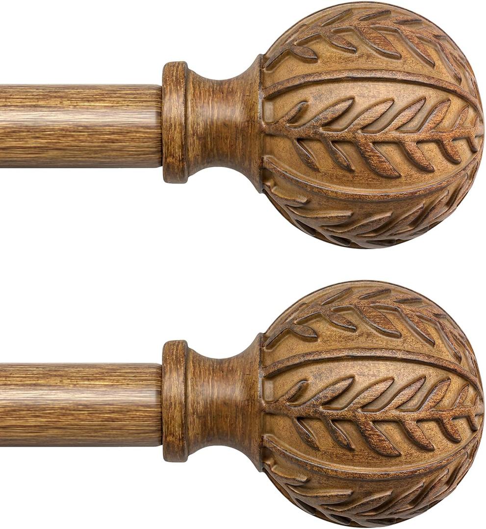 QDWIS 2 Pack Boho Wood Curtain Rods for Windows 28 to 48 inch,1" Adjustable Heavy Duty Window Curtain Rod with Imitation Wood Grain Finials,Rustic Decorative Drapery Rods Set 18-60'',Natural Wood