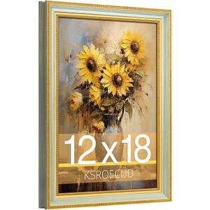 12x18 Picture Frame, HD Real Glass Ornate Vintage 12x18 Photo Frame, 12 by 18 Poster Frame with Gold Green Texture Border Horizontal & Vertical Display for Tabletop or Wall Decor (1 Pack)