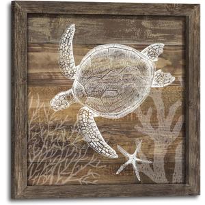 Sea Turtle Wood Wall Art: Sea Life Framed Print Picture Ocean Animal Underwater Artwork Marine Creature Starfish Painting for Living Room Bathroom Decoration 24x 24