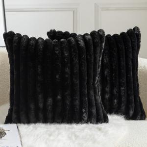 Pack of 2 Decorative Throw Pillow Covers Faux Fur Striped Plush Soft Cushion Covers Pillow Cases Bedroom Living Room Sofa Home 17x17 Inch Black