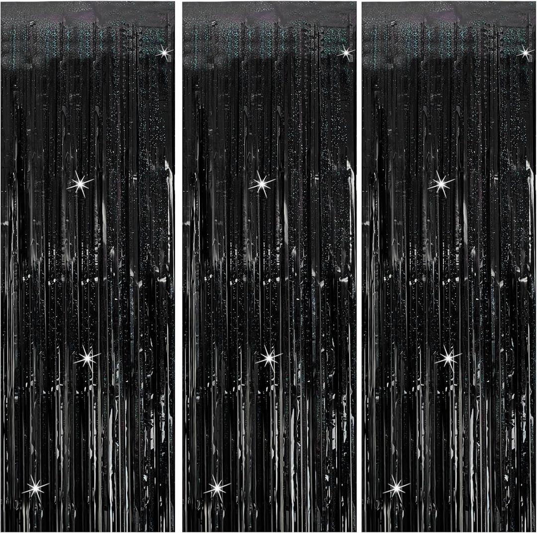 3 Pack Black Party Streamers Backdrop Tinsel Foil Fringe Curtains Halloween Party Decorations Birthday Wednesday Party Decorations Graduation Halloween Decor Party Supplies