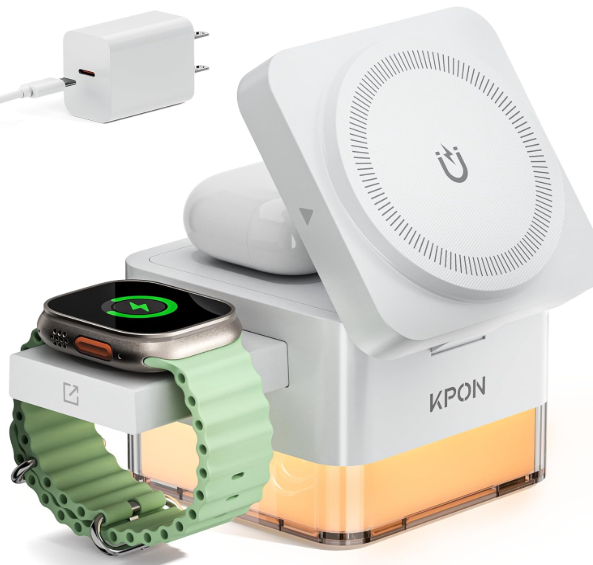 KPON for iPhone Nightstand Charging Station,15W 3 in 1 Wireless Phone Charger Stand with Night Lamp, Travel Foldable Magnetic Cube Magsafe Dock for iPhone 17 16 15 14 13 12 Series/Apple Watch/Airpods (White)