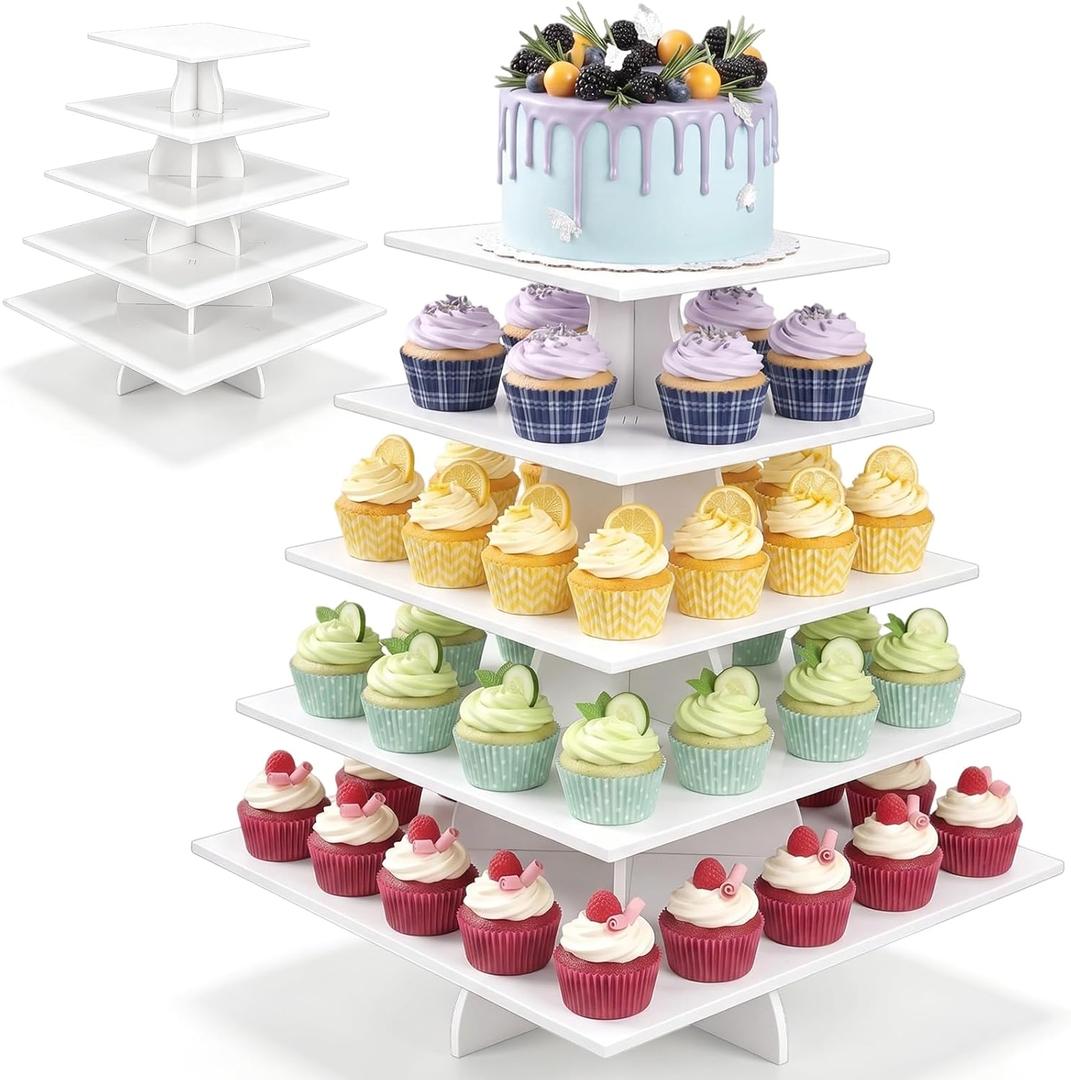Nuanchu 5 Tier Large White Cupcake Stand for Wedding Christmas, Square