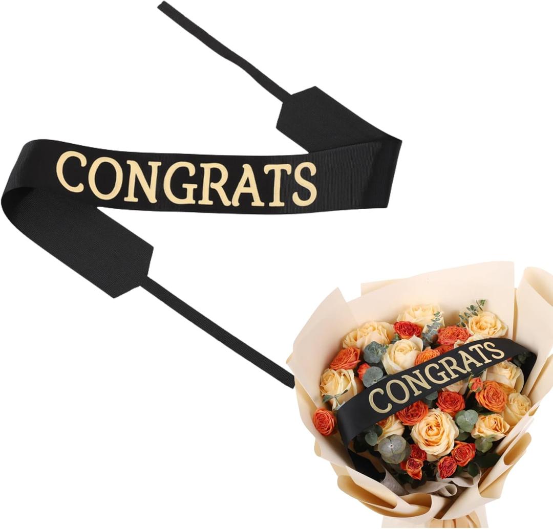Set of 12 Bouquet Banner Grosgrain Ribbon Tie Wrap Printed Sash Florist Bulk Supply for Floral Arrangements (Black - Congrats)