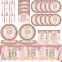 18th Birthday Decorations for Girls,61Pcs Rose Gold 18th Birthday Decorations Tableware Include 18th Birthday Plates and Napkins,Tablecloth,Forks,Serve 20