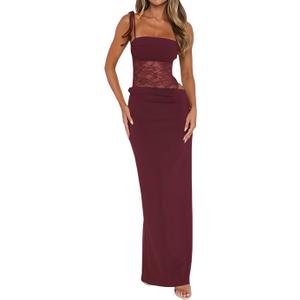 Women's Lace Splicing Cutout Maxi Dress Square Neck Sleeveless Bodycon Long Dress with Sheer Corset (M)