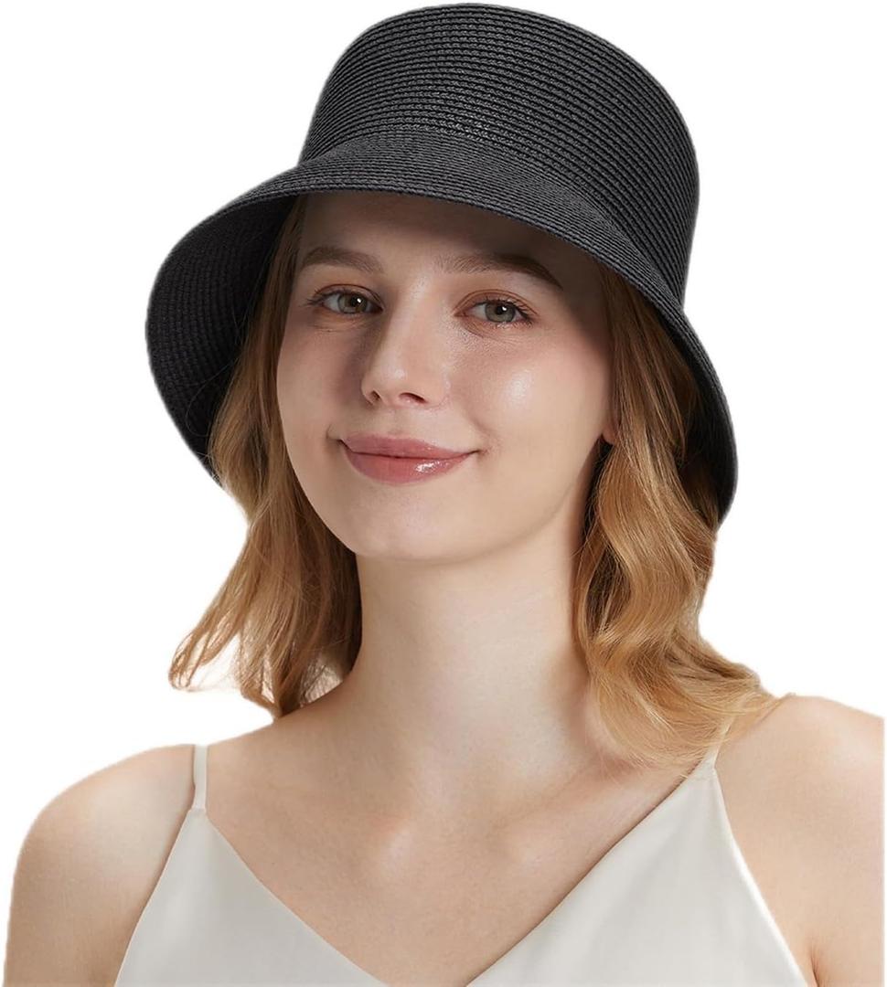 Lightbird Women's Straw Bucket Hat Beach Hat Foldable Summer Travel Sun Caps Outdoor Fisherman Caps