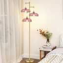 QIYIZM Pink Floor Lamp for Living Room,Bedroom,Gold Mid Century Modern Standing Lamp Brass Tree 3 Light Tall Floor Lamps Vintage Retro Floor Lights Glass Flower Lamp Shade Farmhouse Boho Bohemian