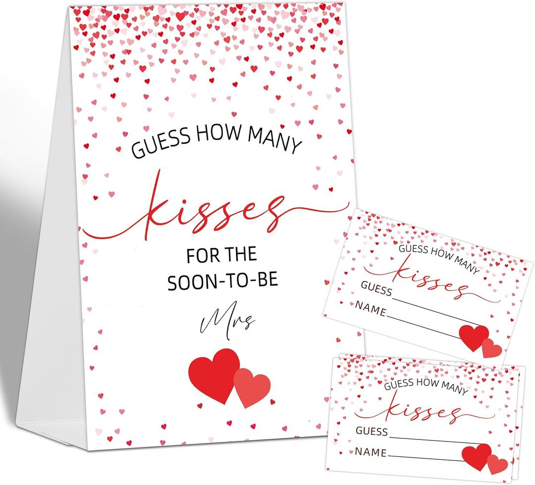 How Many Kisses Bridal Shower Game Wedding Shower Decorations, Guess How Many Baby Shower Game, 1 Standing Sign and 50 Guess How Many Cards for Birthday Baby Shower Wedding Party Decorations, 05