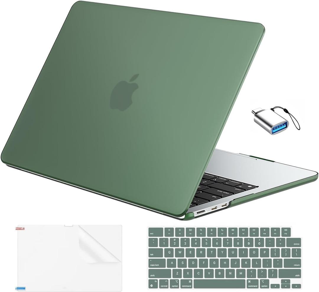 EooCoo Compatible with MacBook Air 13 inch Case M5 2026-2022 M4 M3 M2 Model A3449 A3240 A3113 A2681, Mac Air 13.6 inch Hard Shell & Keyboard Cover & Screen Film & Type-C, Matte Midnight Green
