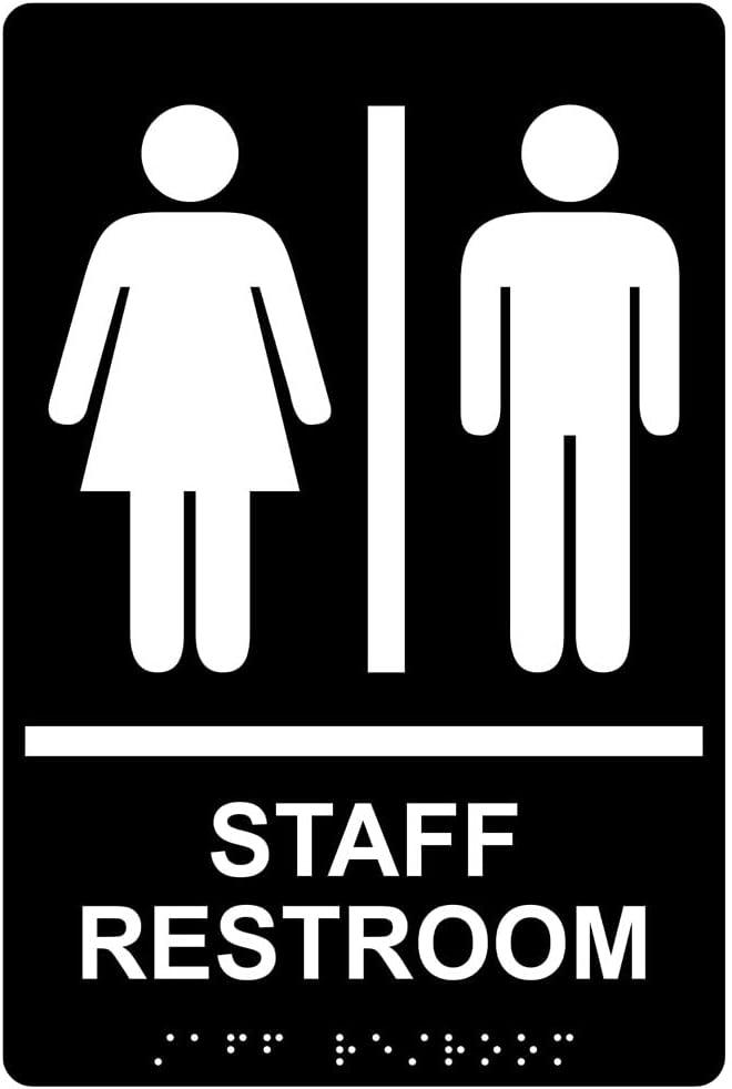ComplianceSigns.com Staff Restroom Sign, ADA-Compliant Braille and Raised Letters, 9x6 inch White on Black Acrylic with Adhesive Mounting Strips, American Made Safety Signs for the Workplace