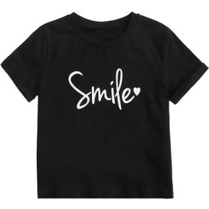 Milumia Girl Letter Print Crewneck Short Sleeve Tees Comfy Casual T-Shirts (Black)