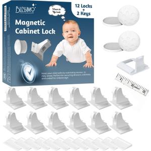Blessimo 12 Pack Magnetic Cabinet Locks Baby Proofing with 12 locks and 2 Keys - Child Locks For Kitchen, Cabinets and Drawers - 3M Adhesive Easy Installation (White)