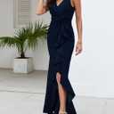 FQA Formal Evening Dresses for Women Elegant Evening Party Prom Dress Long Sexy V Neck Sleeveless Split Wrap (Blue)