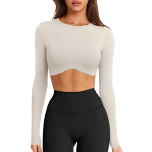 LASLULU Womens Sexy Double Lined Long Sleeve Shirts Crewneck Workout Tops Athletic Yoga Shirts Going Out Crop Tops (Small, Vanilla)
