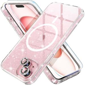 Choiche Compatible for iPhone 15 Plus Case Magnetic, Women Clear Glitter Sparkly Case, [2xDiamond Camera Lens Protectors] [2xTempered Glass Screen Protectors] [Compatible MagSafe] (Glitter Clear)