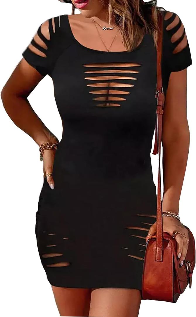 FECAFO Cut Out Hollow Out Ruched Slit Bodycon Dress for Women Sexy Side Slit Drawstring Club Party Short Sleeve Midi Dresses (Small, Black1)