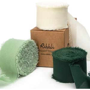 Ribbli Green Chiffon Ribbon1.5 inch x 30 Yard Handmade Silk Ribbon for Wrapping,Ivory Sage Forest Green Fringe Chiffon Ribbon for Wedding Invitations, Bridal Bouquets, Flower Arrangement Decoration