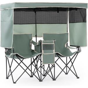 Double Beach Chair with Canopy Shade Oversized Camping Chairs with Canopy, Cooler Bag & Cup Holder Folding Loveseat for Camp Fishing Beach, Standard