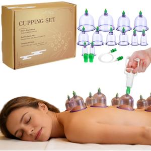 6 Sizes 12 Cups Cupping Kit for Massage Therapy - Vacuum Cupping Set for Pain Relief at Home, Includes Detailed Guide, Hand Pump, Extension Tube, Magnetic Heads