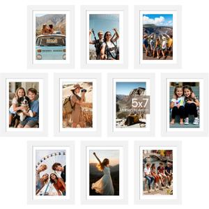 upsimples 5x7 Picture Frame Set of 10, Display Pictures 4x6 with Mat or 5x7 Without, Multi Photo Frames Collage for Wall or Tabletop Display, White