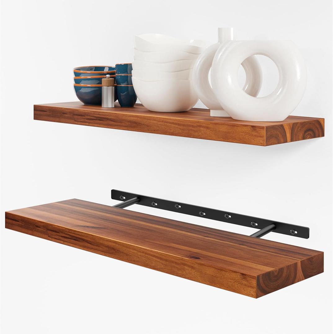 BATODA Set of 2 24" Acacia Wood Floating Shelves Wall Mounted Rustic Farmhouse Wooden Wall Storage Shelf for Bedroom, Kitchen, Home Dcor - Brackets and Shelving Hardware Included