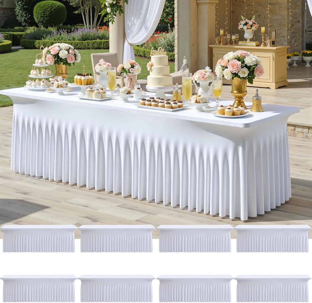 8Pack White Spandex Tablecloths for 8 Foot Rectangle Tables, Wrinkle Free Stretchy Fitted 8FT Table Cloths Cover Desk Skirt for Parties Weddings Birthday Banquet Baby Shower Events