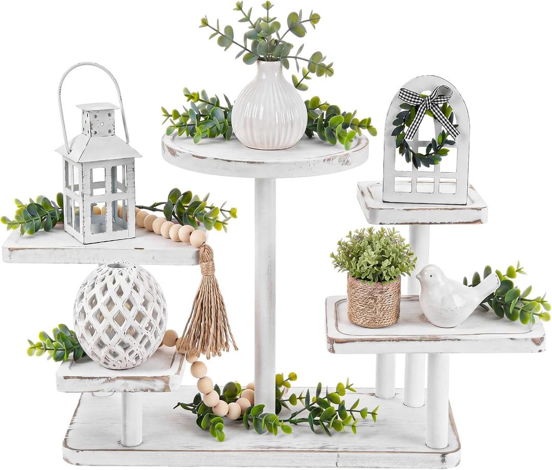 GlikCeil 5 Tiered Tray Stand Decor 5 Layer Wooden Cupcake Stand Rectangle Dessert Serving Tiered Tray Farmhouse Rustic Cake Table Display for Coffee Bar Home Kitchen Decorations(Vintage White)