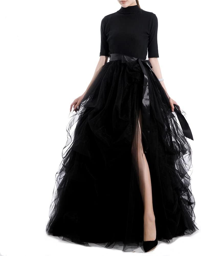 Qmker Women's Long Tutu Tulle Skirt A Line Floor Length Black Special Occasion Night Out fold Skirt, XL
