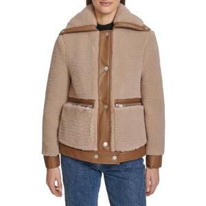 Andrew Marc Women's Classic Aviator Style Cozy Mixed Media Faux Sherpa Jacket, Size: Large
