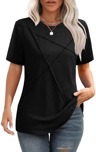 XIEERDUO Womens Summer Tops 2025 Pleated Round Neck Short Sleeve Shirts Business Casual, 3XL
