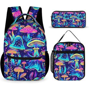Mushroom Backpack with Lunch Box & Pencil Case, 16 Inch Cool Mushroom Themed Bookbag, Adjustable Lightweight Large Capacity, Colorful Backpack Set for Kids Girls Boys School