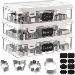 3 Pack Cookie Cutter Storage, Transparent Cookie Cutter Organizer with a Sticker, Baking Storage Containers, Cover to Prevent Dust, Can Be Used Alone or Hidden for Stacking(No Cutters)