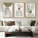 ANHUIB Boho Abstract Wall Art Canvas,Sage Green Wall Decor Framed,Geometric Line Art Prints Leaves,Minimalist Artwork Botanical,3 Piece 24x36In Beige Nature Painting for Living Room Bedroom
