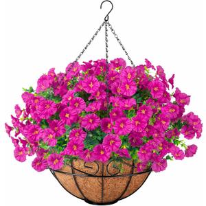 Ouddy Decor Artificial Hanging Plants Flowers Basket for Spring Summer Outdoor Decor, Fake Hanging Flowers Faux Silk Morning Glory UV Resistant for Patio Yard Porch Garden Home Decorations, Fuchsia