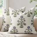 MIULEE Set of 2 Vintage Pillow Covers Neutral Decorative Floral Throw Pillows Block Print Boho Farmhouse Cushion Covers for Modern Rustic Home Decor Sofa Bed Living Room, 20 x 20 Inch, Blue Green