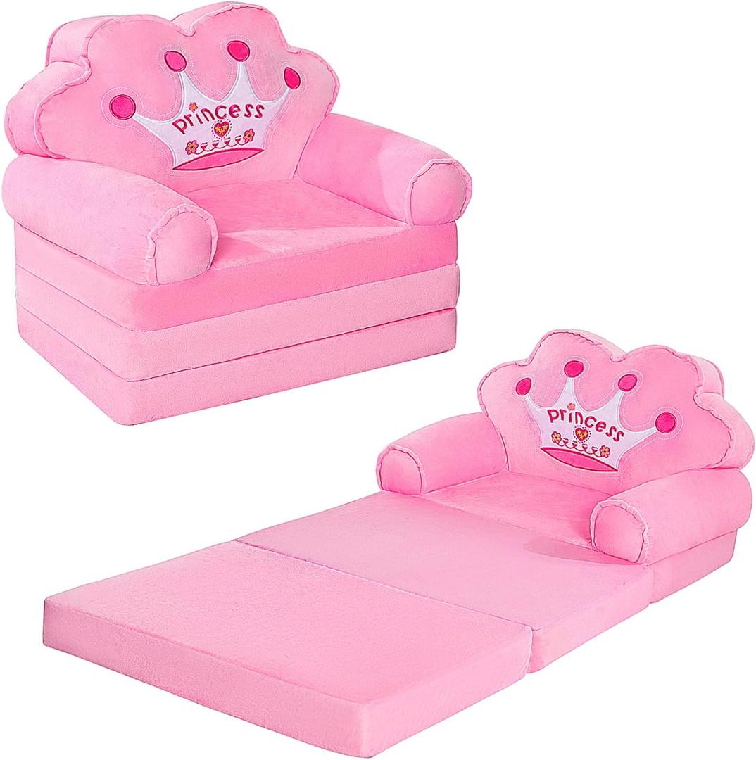 MOONBEEKI Kids Couch Fold Out, Foldable Princess Chair for Toddlers 1-3, Kids Furniture for Playroom, Gift for Birthday Christmas and HalloweenPink